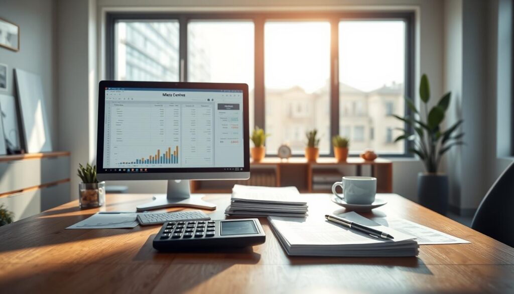 A detailed illustration of the micro-BIC tax regime, focusing on financial documents and accounting elements set on a sleek wooden desk. In the foreground, include a computer displaying a spreadsheet with financial data and graphs. In the middle, arrange business essentials like a calculator, a stack of invoices, and a cup of coffee. The background features a modern office space with large windows, allowing soft natural light to fill the area, creating a warm and inviting atmosphere. Add subtle plant decor to enhance the professional vibe. Aim for a balanced composition with a focus on clarity, emphasizing the importance of financial decisions in 2026. The mood should be informative and engaging, encouraging viewers to reflect on business choices.