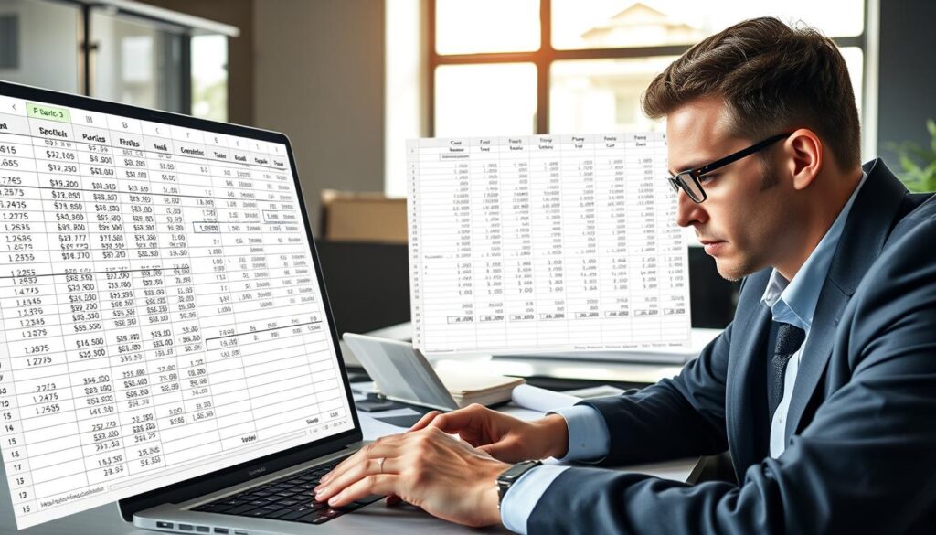 A detailed image of a clean and organized Excel spreadsheet displaying cash flow calculations for real estate investments, prominently featuring rows of numbers, graphs, and cash flow projections. In the foreground, a professional-looking person in business attire is intently working on the spreadsheet, with a focused expression. The middle layer includes a laptop opening, showing the spreadsheet on the screen, with a calculator and financial documents scattered around it. The background has a modern office environment with soft, natural lighting coming through a window, creating a bright and productive atmosphere. The overall mood conveys diligence and professionalism, emphasizing efficiency in financial planning.