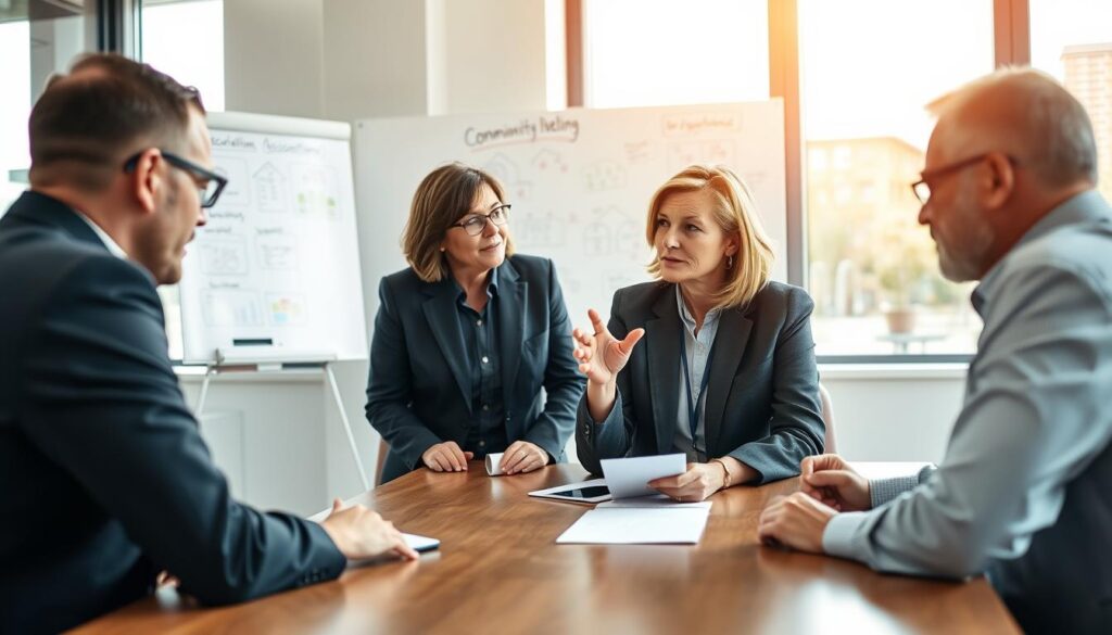 A diverse group of professional individuals engaged in a discussion about community associations, gathered around a wooden conference table in a bright, modern office setting. In the foreground, a middle-aged woman in professional attire actively shares her experience, gesturing with enthusiasm. The middle of the scene features a younger man taking notes, while an older man listens intently, reflecting a mix of ages and backgrounds. The background showcases a whiteboard filled with ideas and charts about association management. Natural daylight filters through large windows, creating a warm and inviting atmosphere, while a slight depth of field gives focus to the engaged participants. The mood is collaborative and inspiring, capturing the essence of sharing valuable insights and experiences within associations.