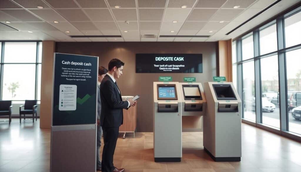 A modern bank interior, focusing on a secure cash deposit area. In the foreground, an employee in professional attire assists a client at a sleek kiosk designed for cash deposits, surrounded by informative signage about depositing cash. The middle ground features a row of secure deposit slots and a digital display showing transaction status, conveying a sense of efficiency. In the background, large windows allow soft, natural light to fill the space, creating a welcoming atmosphere. The overall mood is professional and reassuring, highlighting the ease of making cash deposits in a contemporary banking environment. The image should be well-lit, using a slight wide-angle perspective to capture the entire scene without any text or distractions.