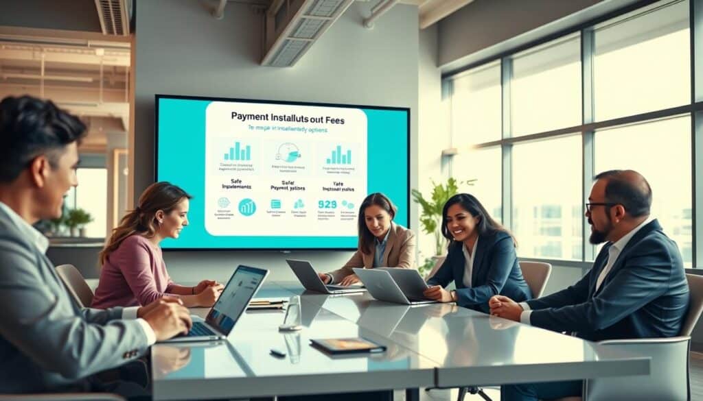 A modern financial setting depicting the concept of "payment in installments without fees." In the foreground, a diverse group of professionals, dressed in smart business attire, is gathered around a sleek conference table, discussing financial plans. They are engaged and focused, with visuals of digital devices such as laptops and tablets displaying charts and payment options. In the middle ground, a large presentation screen showcases simple infographics illustrating safe installment payment options, with a calming color palette of blues and greens conveying trust and reliability. The background features a contemporary office environment with bright, natural lighting streaming through large windows, creating an inviting atmosphere. The overall mood is optimistic and collaborative, capturing the essence of financial empowerment and awareness for 2026.