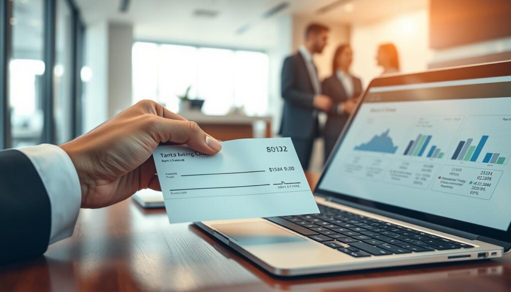 A modern office environment focused on banking transactions, featuring a close-up view of a banker's hand carefully examining a bank cheque. In the foreground, the cheque is prominently displayed on a polished wooden desk, showcasing security features like watermarks and printed fine lines. The middle ground includes a laptop with graphs and statistics related to banking fees and timeframes, illuminated by soft, natural lighting from a nearby window. The background consists of a softly blurred bank interior, with professional staff discussing near a service counter, all dressed in business attire. The atmosphere is serious and focused, conveying a sense of professionalism and trust in financial processes. The image should evoke clarity and reliability, emphasizing the theme of regulation and security in banking.