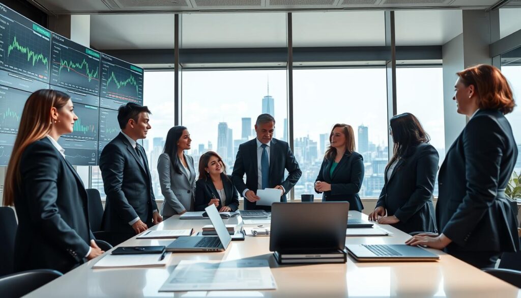 A modern office environment showcasing a multi-screen workstation with detailed financial charts and data on international ETFs (Exchange-Traded Funds). In the foreground, a diverse group of business professionals, dressed in smart business attire, are collaboratively discussing investment strategies. The middle layer features an elegant table filled with notebooks, laptops, and financial reports. In the background, large windows reveal a panoramic view of a bustling city skyline, symbolizing global market opportunities. The lighting is bright and natural, creating a professional and optimistic atmosphere. The angle is slightly elevated, capturing the dynamic interaction of the team and their focus on the intricacies of financial investments. The image conveys a sense of collaboration, diversity, and the vibrant world of international finance.
