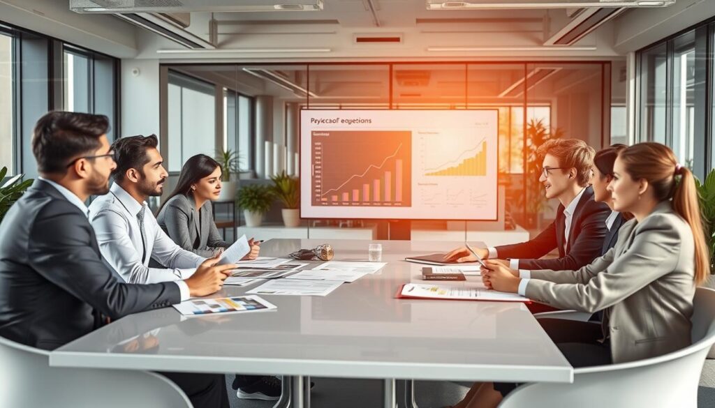 A modern office setting emphasizing financial strategies to prevent rejection of SEPA B2B payments. In the foreground, a diverse group of business professionals, dressed in smart business attire, are engaged in a meeting around a sleek conference table, analyzing charts and documents with focused expressions. In the middle, a large digital screen displays graphs showing successful payment strategies against a backdrop of muted colors. The background features contemporary office decor, including potted plants and glass partitions, creating an atmosphere of professionalism and collaboration. The lighting is bright and natural, streaming in from large windows, highlighting the attentive expressions of the team as they brainstorm solutions. The overall mood is one of determination and strategic planning.