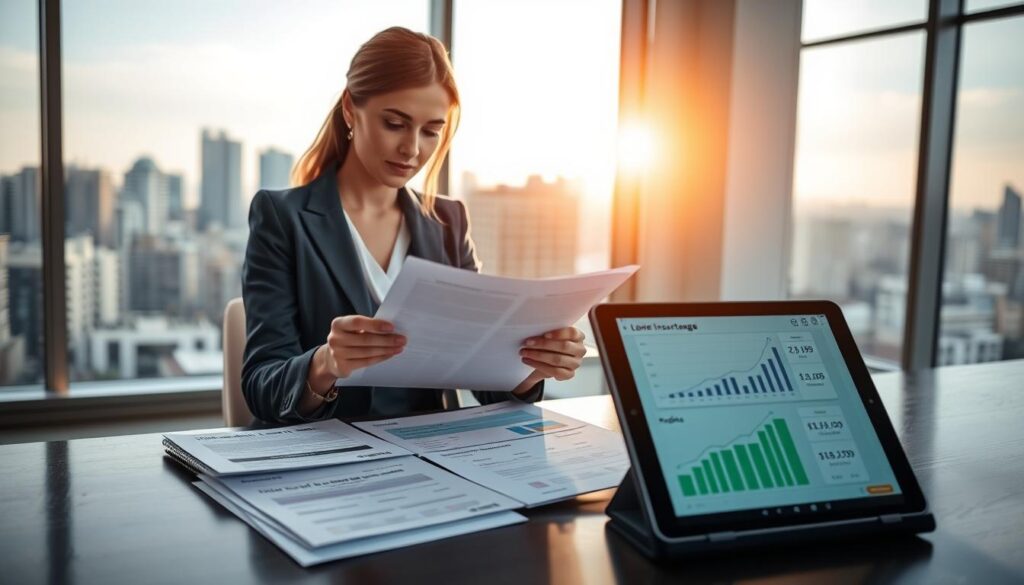 A modern office setting illuminated by soft, natural light streaming through large windows. In the foreground, a confident businesswoman in a tailored suit is examining a document that outlines mortgage options, with an expression of focus and determination. On the desk, several financial documents related to a life insurance policy and a home loan are neatly arranged. In the middle ground, a digital tablet shows graphs of interest rates and investment opportunities, suggesting the advantages of bundling life insurance with mortgage services. The background features a cityscape view, symbolizing financial growth and stability. The atmosphere is professional and optimistic, emphasizing the benefits of combining life insurance with mortgage loans to secure better rates.
