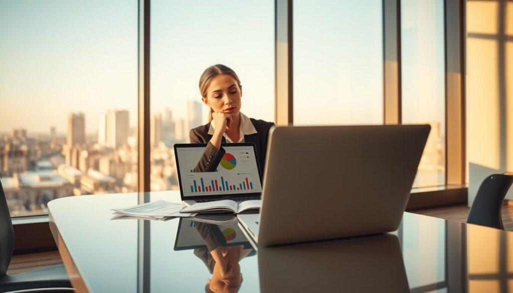 A modern office setting showcasing a professional analysis of dividend taxation strategies. In the foreground, a thoughtful businesswoman in formal attire is studying graphs and financial statements on a sleek, glass table, her expression focused and analytical. In the middle, an elegant laptop displays colorful pie charts and a spreadsheet, symbolizing complex financial data. The background features a large window with a view of a city skyline, bathed in warm afternoon light, creating an atmosphere of productivity. Soft shadows dance across the scene, adding depth, while the overall color palette is warm and inviting, fostering a sense of confidence and clarity in financial decision-making.