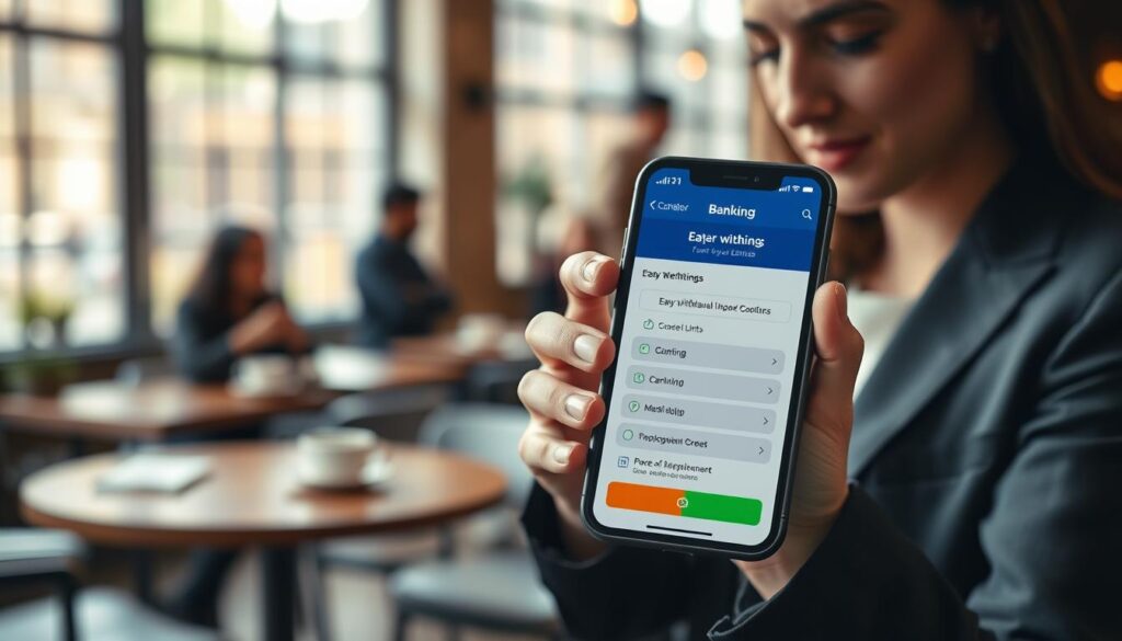 A modern smartphone displaying a banking application interface, prominently featuring easy navigation buttons for withdrawal settings. In the foreground, the phone is held by a person in professional business attire, showcasing a focused expression while interacting with the app. The middle ground depicts a blurred coffee shop setting, with a warm and inviting atmosphere, people quietly conversing in the background. Soft, natural lighting flows through large windows, creating an ambiance of productivity and calm. A subtle depth of field effect emphasizes the phone and user while the background remains softly out of focus, enhancing the main subject. The overall mood is one of efficiency and modern banking solutions, reflecting the convenience of mobile banking to manage withdrawal limits.