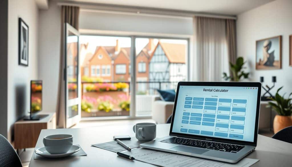 A modern, stylish apartment interior in Lille, France. The foreground features a clean, organized desk with a laptop displaying a rental calculator application, surrounded by rental agreement documents and a coffee cup, emphasizing a professional and focused atmosphere. In the middle, an open window reveals a picturesque view of Lille's charming architecture, including red-brick buildings and vibrant flowers, bathed in soft, natural daylight. The background includes a cozy living room area with minimalist decor, warm colors, and potted plants, creating an inviting and serene mood. The image conveys a sense of efficiency and clarity around calculating rent, designed to attract readers interested in understanding rental frameworks.