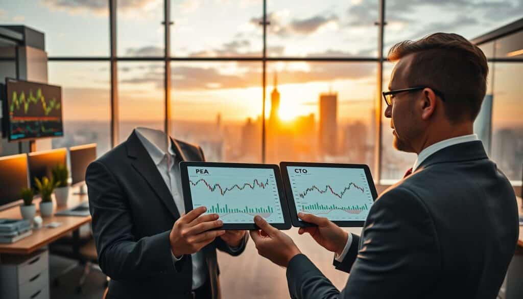 A professional and dynamic comparison scene illustrating "PEA vs CTO" in the context of ETF investments for 2026. In the foreground, a businessman in a fitted suit and glasses examines two investment charts on a digital tablet, one labeled "PEA" and the other "CTO," showcasing clear graphs and financial data. In the middle, a modern office workspace is visible with desks, sleek monitors displaying stock market trends, and potted plants for a touch of greenery. The background features a panoramic view of a bustling city skyline during sunset, casting warm, golden lighting that enhances the atmosphere of opportunity and financial growth. Shot with a moderate wide-angle lens to capture details and create depth. The mood is professional, focused, and inspiring, ideal for a financial discussion.