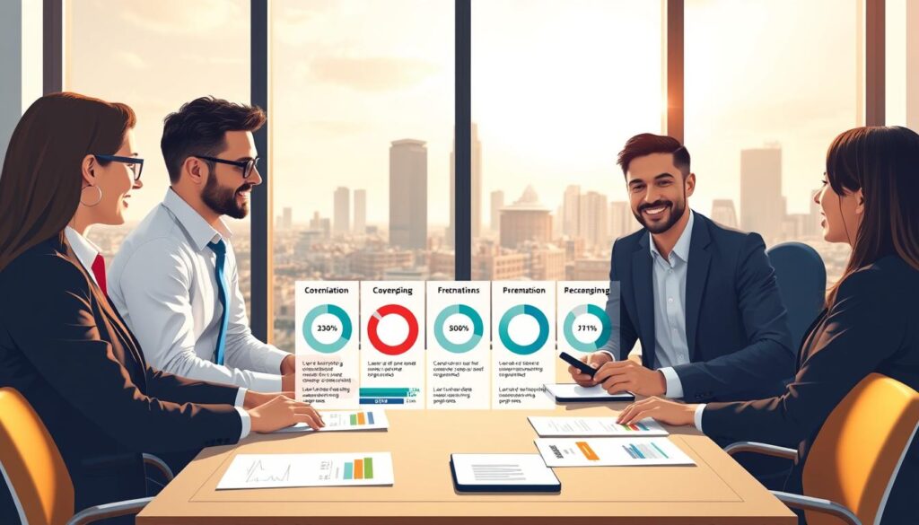 A professional and informative illustration comparing the insurance guarantees of mutuelle TNS for 2026, featuring a split-screen design. In the foreground, a diverse group of three business professionals in smart business attire discuss options around a modern conference table, with documents and digital devices laid out. In the middle, various graphical elements like pie charts and infographics visually represent different coverage options and pricing structures, clearly labeled but without text. In the background, a large window reveals a city skyline, bathed in warm afternoon light, creating an optimistic atmosphere. The scene conveys focus and collaboration, highlighting the importance of making informed choices in health insurance.