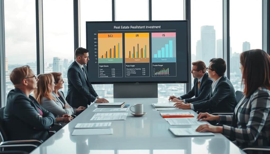 A professional and modern office setting depicting a financial meeting. In the foreground, a diverse group of business professionals wearing business attire are engaged in a discussion, reviewing financial documents and graphs on a sleek conference table. In the middle, a large screen displays visuals related to real estate investment, including charts labeled "SCI," "IR," and "IS," symbolizing different taxation methods for property investment in 2026. The background features large windows with a city skyline view, soft natural light flooding the space, enhancing a collaborative atmosphere. The mood is focused and informative, emphasizing key themes of real estate investment strategies. The camera angle is a dynamic side perspective, capturing both the professionals’ engagement and the informative visuals.