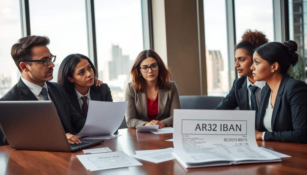 A professional business meeting scene in an office, illustrating the theme of "IBAN discrimination." In the foreground, a diverse group of three business professionals—one male and one female of different ethnic backgrounds—are engaged in a serious discussion. They are dressed in formal business attire, with expressions of concern and determination. The middle ground features a large table with paperwork, an open laptop displaying financial documents, and an official-looking bank statement highlighting the IBAN. In the background, a large window reveals a city skyline, indicating a corporate setting. Soft, natural lighting filters through the window, creating a calm yet tense atmosphere that emphasizes the seriousness of the situation. The composition should focus on the professionals' interaction while maintaining clarity and purpose.