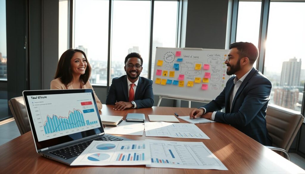 A professional business meeting setting featuring a diverse group of three individuals discussing finance around a modern conference table. In the foreground, an open laptop displays graphs and charts illustrating interest rates, while a financial document labeled "Taux d'Usure" is prominently placed beside it. The middle ground shows a whiteboard filled with strategic ideas to navigate loan interest rates, filled with colorful sticky notes and diagrams. In the background, large windows reveal a cityscape under bright daylight, creating an optimistic atmosphere. Soft natural light floods the room, highlighting the engaged expressions of the participants dressed in business attire, emphasizing collaboration and strategic planning. The mood is focused yet hopeful, reflecting the importance of understanding and overcoming financial obstacles.