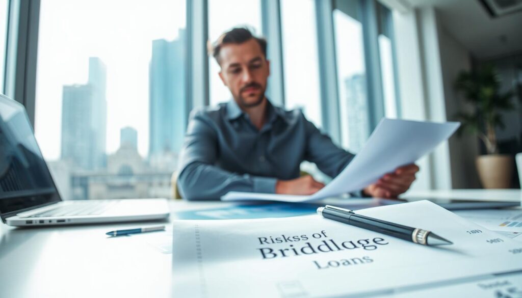 A professional financial advisor sits at a modern office desk, surrounded by documents and a laptop displaying financial graphs. In the foreground, a close-up of a calculator and a pen lies on a stack of paperwork titled "Risks of Bridging Loans." In the middle, a large window allows natural light to flood the room, illuminating the advisor's focused expression as they analyze data. The background features a city skyline through the glass, hinting at investment opportunities. The atmosphere is serious and contemplative, evoking a sense of responsibility and caution regarding financial decisions. The lighting is bright and clear, creating an environment conducive to thoughtful reflection.