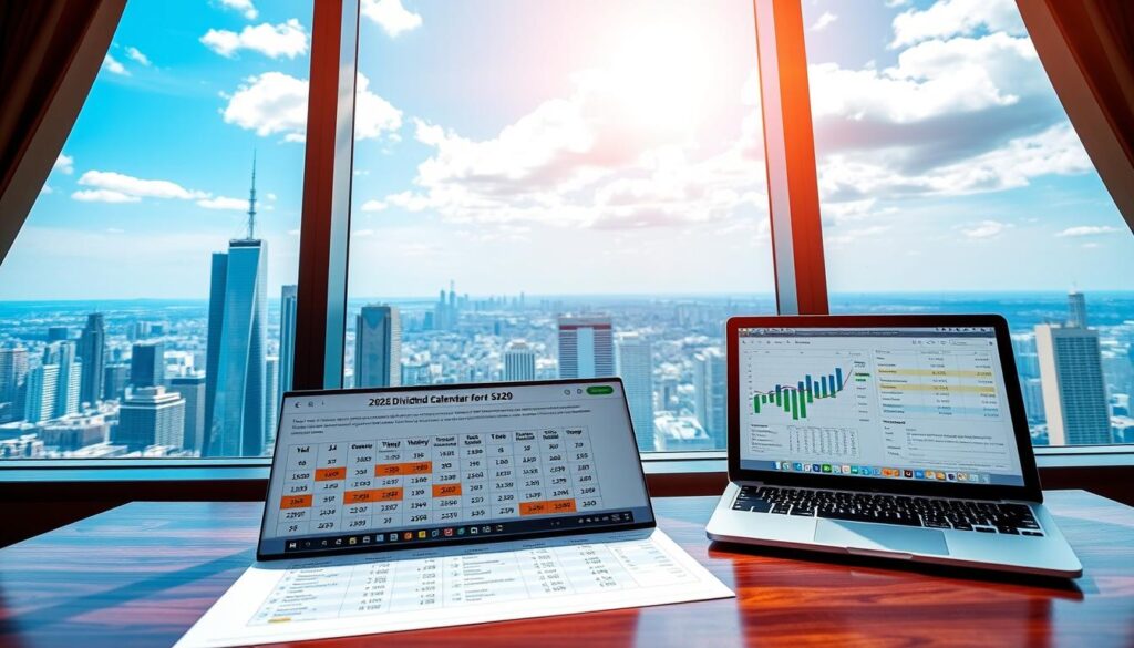 A professional, informative scene depicting a 2026 dividend calendar for the SBF 120 index. In the foreground, an elegant desk with a high-quality wooden finish, featuring a neatly organized calendar displaying dividend dates for various companies in the SBF 120, highlighted in vibrant colors. In the middle ground, a sleek laptop open to a financial analysis spreadsheet, with graphs and charts illustrating dividend trends. In the background, large windows offering a panoramic view of a bustling city skyline under a clear blue sky, allowing natural sunlight to illuminate the scene, creating a productive and optimistic atmosphere. The overall mood conveys professionalism and financial awareness, suitable for an informative article.