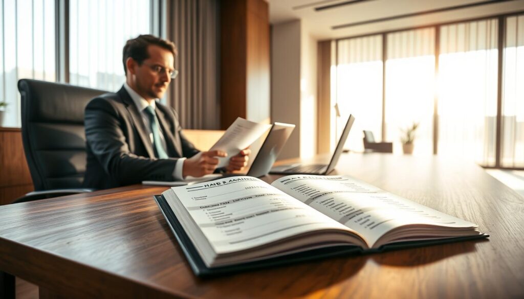 A professional-looking office environment with a large wooden desk in the foreground. Seated at the desk is a business person dressed in formal attire, engaged in a negotiation over financial documents and a laptop, showing expressions of concentration and determination. In the middle ground, an open ledger displays figures and graphs related to bank fees and overdraft rates. The background features a large window with natural sunlight streaming in, illuminating the space and creating a serene atmosphere. Soft shadows create depth, while a subtle lens flare adds a touch of warmth. The overall mood conveys a sense of professionalism, financial acumen, and the importance of negotiating terms in the banking sector.