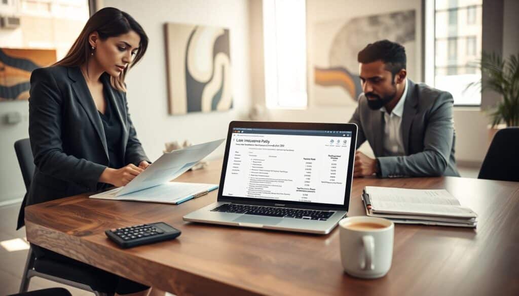 A professional office setting depicting a diverse group of three individuals engaged in a discussion about loan insurance options related to job loss in 2026. In the foreground, a woman in a smart blazer and a man in business attire, both appearing thoughtful, review financial documents on a sleek wooden table. The middle ground features a laptop displaying insurance policy details, surrounded by a calculator and a cup of coffee, conveying a serious yet collaborative atmosphere. The background shows bright natural light streaming through large windows, illuminating a modern office space with abstract artwork. The scene is warm and inviting, creating a sense of urgency and responsibility while maintaining professionalism.