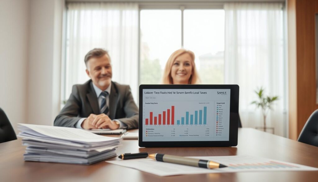 A professional office setting featuring a middle-aged couple in business attire, seated at a modern conference table surrounded by paperwork and a laptop displaying financial charts related to local taxes. In the foreground, focus on the couple's engaged expressions as they discuss their tax benefits related to their recent PACS agreement. The middle ground includes stacks of documents and a stylish pen, emphasizing the business discussions. The background showcases a large window allowing soft daylight to illuminate the room, creating a warm and inviting atmosphere. The overall mood is one of financial empowerment and collaboration, highlighting the positive changes in local taxes following the PACS signing. The composition should employ a shallow depth of field to keep the couple in sharp focus while softly blurring the surrounding paperwork and environment.