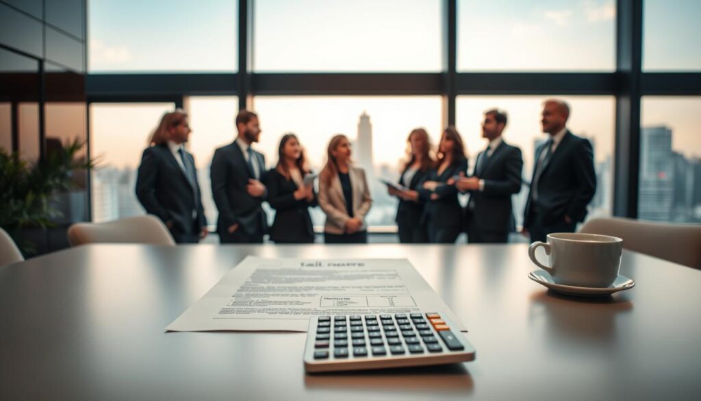 A professional office setting featuring a simplistic, sleek desk with a neutral-colored tax document prominently displayed, symbolizing the concept of "taux neutre." In the foreground, there should be an elegant calculator and a cup of coffee, conveying a sense of diligent financial planning. In the middle ground, a diverse group of business professionals, dressed in professional attire, engage in a focused discussion, representing collaboration and decision-making. The background is moderately lit, with soft, natural light filtering through large windows, highlighting a cityscape, suggesting an urban financial environment. The atmosphere should be serious yet optimistic, emphasizing clarity and transparency in tax choices. The composition should be framed from a slightly elevated angle, showcasing both the details on the desk and the engaged professionals.