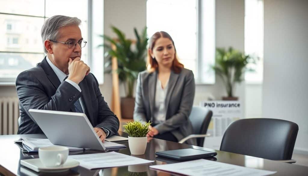A professional office setting featuring a thoughtful insurance advisor discussing "PNO insurance" with a client. In the foreground, the advisor, a middle-aged person in a smart business suit, gestures towards a digital tablet displaying policy information. The client, a young adult dressed in business casual, listens attentively. The middle ground showcases a well-organized desk with paperwork, a small potted plant, and a coffee cup, creating a calm atmosphere. In the background, large windows let in soft natural light, illuminating the room with a warm glow. The overall mood is serious yet approachable, reflecting the importance of understanding insurance needs. The composition should convey trust and professionalism, highlighting the theme of whether PNO insurance is necessary.