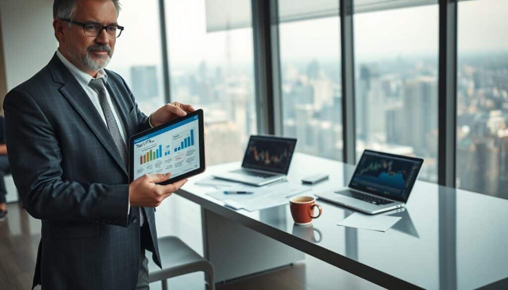 A professional office setting in the foreground features a confident middle-aged financial advisor, dressed in a smart business suit, presenting data on a modern tablet. The advisor is pointing to a colorful infographic about the tax implications of ETFs within a CTO. In the middle, a sleek desk is cluttered with financial documents, a laptop displaying stock charts, and a coffee cup, symbolizing the hustle of investment. The background consists of a large window overlooking a city skyline, with soft natural light streaming in, creating an inviting atmosphere. The mood is analytical and informative, emphasizing financial success and the complexities of investment strategies. The scene conveys professionalism and focus on fiscal matters in a modern financial context.