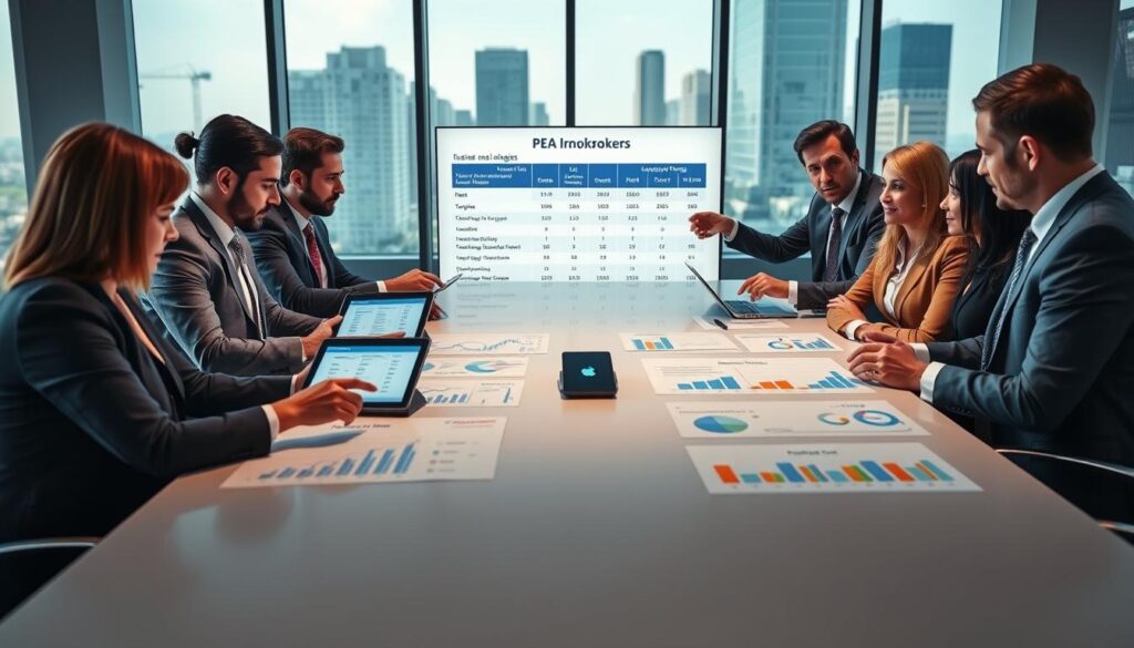 A professional office setting, showcasing a sleek conference table with various financial charts and graphs illustrating a comparison of PEA brokers. In the foreground, a diverse group of business professionals in professional attire, intensely discussing investment strategies, pointing at digital tablets displaying broker information. The middle ground features a large screen with visual data comparing fees, timelines, and broker ratings. In the background, a modern cityscape is visible through large windows, symbolizing a dynamic financial environment. Soft, natural lighting creates a focused yet collaborative atmosphere. Use a wide-angle lens to capture the depth of the room, emphasizing both the engaged professionals and the informative visuals. Avoid distractions or clutter in the image for clearer focus on the discussion topic.