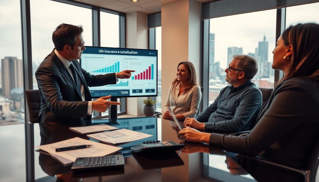 A professional office setting with a well-dressed financial advisor discussing life insurance collateralization with a couple, who are attentively listening. The advisor is pointing towards a digital screen displaying graphs and charts illustrating improved mortgage rates linked to insurance policies. In the foreground, a sleek desk with financial documents and a calculator is visible, while soft, ambient lighting creates a warm atmosphere. The background features large windows with a city skyline, hinting at a bustling financial district. The overall mood is focused and optimistic, conveying a sense of trust and professionalism in financial planning.