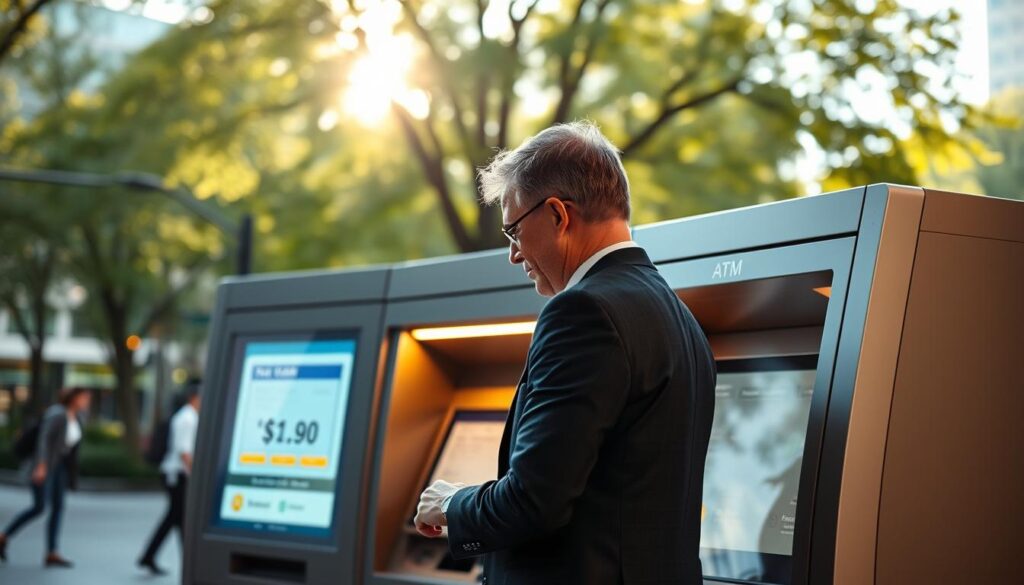 A professional setting depicting a bank ATM kiosk during the day, surrounded by soft sunlight filtering through nearby trees. In the foreground, a middle-aged man in business attire is interacting with the ATM, thoughtfully reviewing his withdrawal options on the screen. The middle ground showcases the ATM itself with a sleek, modern design, illuminated by warm lighting that enhances the device's features. In the background, a blurred view of a bustling city street and pedestrians adds a sense of activity. The atmosphere is calm and focused, emphasizing the importance of responsible financial choices. The composition captures the essence of banking convenience, with an emphasis on clarity and professionalism.