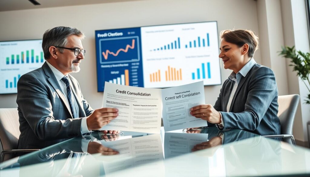 A professional setting depicting a financial advisor consulting with a couple in a modern office. The advisor, a middle-aged person dressed in business attire, is showing them a detailed document about personal credit consolidation options, specifically focusing on consumer and auto loans. The couple, appearing relieved and engaged, is seated at a sleek glass table, with expressions of hope and consideration. In the background, there are charts and infographics on a large screen illustrating financial growth and potential savings. Soft, natural lighting pours in through a large window, creating an inviting atmosphere. The overall mood is optimistic and professional, emphasizing the benefits of financial planning in 2026. The angle is slightly tilted down to capture the interaction and the visual aids effectively.