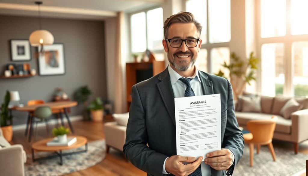A professional setting depicting a modern Airbnb rental property. In the foreground, a confident landlord in business attire is discussing assurances with a visually appealing agreement document in hand, highlighting the theme of "assurance loyer impayé" (rent guarantee). The middle ground showcases a cozy, well-decorated living room with tasteful decor and amenities typical of a vacation rental, emphasizing comfort and style. In the background, large windows allow natural light to pour in, illuminating the space and enhancing the inviting atmosphere. The mood is optimistic and reassuring, with warm lighting that suggests a safe investment opportunity. The image should be taken from a slightly elevated angle, capturing both the landlord’s expression and the inviting interior of the rental property.