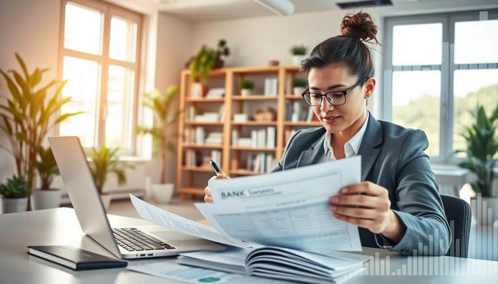A professional setting featuring a person in business attire, seated at a desk with a laptop open, actively reviewing bank statements and financial documents. In the foreground, the individual appears focused and determined, with a pen in hand, highlighting important sections. The middle layer showcases a modern office environment with potted plants, a bookshelf filled with financial resources, and large windows showing a bright, sunny day outside. The background includes an abstract representation of graphs and financial data overlaying the walls, symbolizing reconstruction and growth in financial status. Soft, natural lighting from the windows creates an uplifting atmosphere, suggesting hope and new beginnings in managing one's banking profile. The image should convey professionalism and a sense of empowerment.