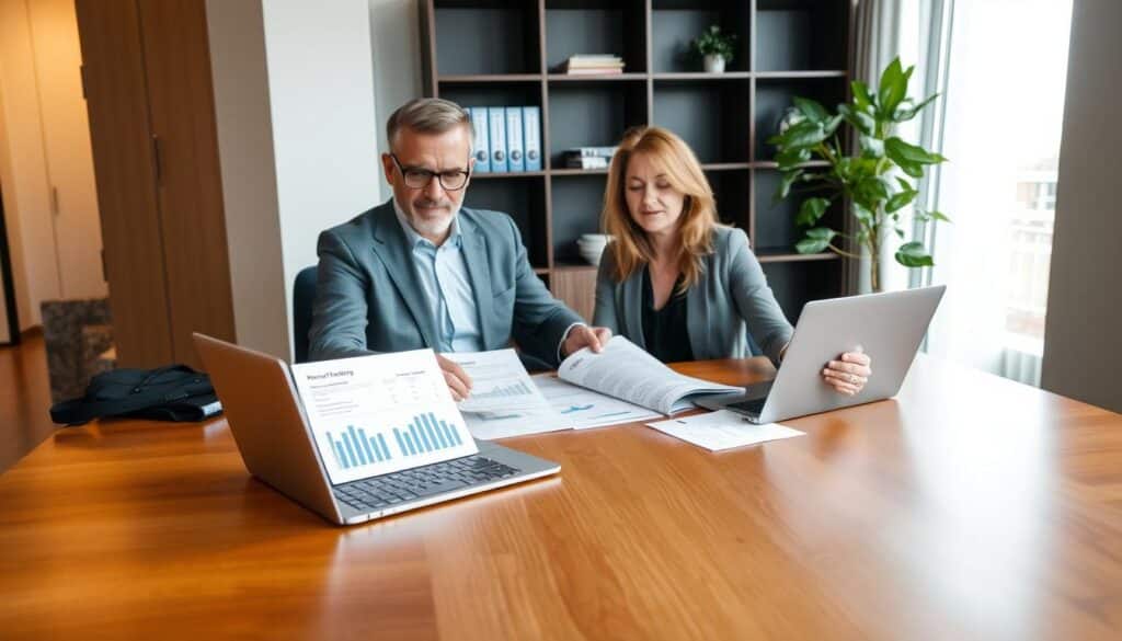 A professional setting featuring two individuals in a modern office, one man and one woman, both dressed in business attire. They are seated at a sleek wooden table, examining documents related to a joint savings account and power of attorney. The foreground shows a laptop open with charts and financial data visible. In the middle, various banking documents are spread out on the table, conveying a sense of collaboration and trust. The background features a stylish bookshelf with financial books and a plant, adding a touch of warmth. Soft, natural light streams in through a large window, creating a calm and professional atmosphere, highlighting the importance of financial safety and cooperation.