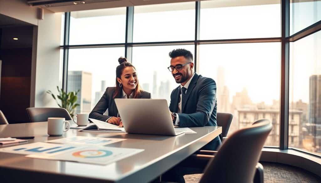 A professional setting illustrating business financing concepts, featuring a diverse group of two business professionals seated at a sleek conference table, reviewing financial documents and a laptop. The foreground includes a well-organized workspace with charts, graphs, and a coffee cup. In the middle, the characters are discussing, with expressions of focus and determination, dressed in smart business attire. The background showcases a modern office environment with large windows revealing a city skyline, allowing natural light to stream in, creating an energetic atmosphere. The color palette is warm and inviting, with soft shadows to enhance the depth of the scene. The angle captures a dynamic perspective, emphasizing collaboration and professionalism in the realm of enterprise financing.