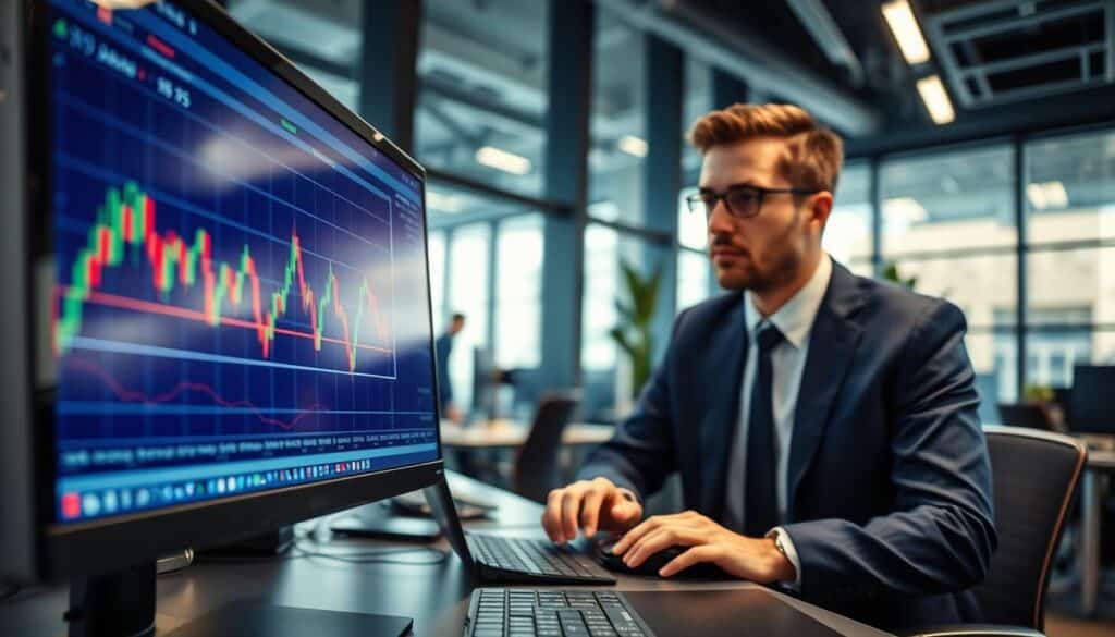 A professional trading environment showcasing the concept of "ordre stop euronext". In the foreground, a close-up of a computer screen displaying a stock market trading platform with clear graphs and candlestick patterns indicating price movements. In the middle ground, a focused trader in formal business attire is seen analyzing data, with a thoughtful expression while using a mouse and keyboard. The background features a modern office space with large windows, allowing natural light to pour in, creating a dynamic atmosphere. The color palette should be cool blue tones with highlights of green to symbolize financial growth. Emphasize a sense of professionalism and concentration in the scene, capturing the essence of effective stop order strategies on the Euronext market.