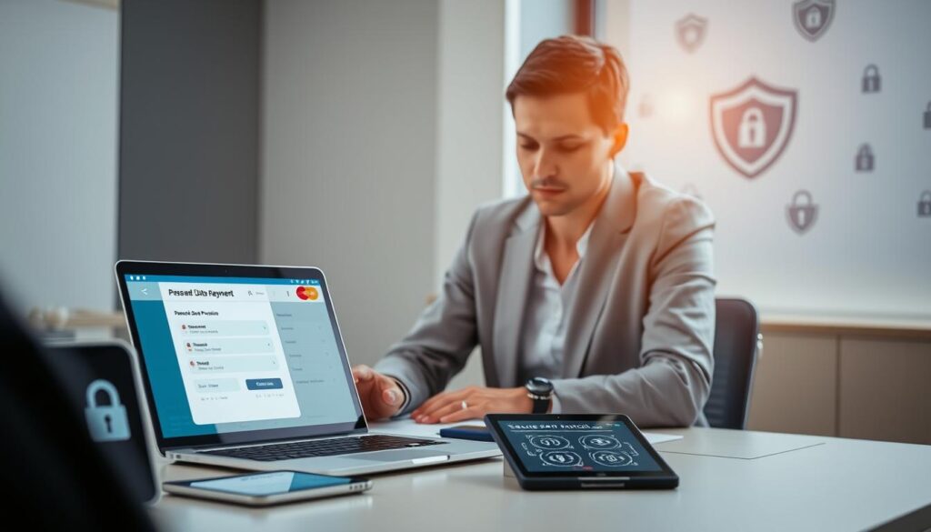 A serene office environment featuring a modern desk with a laptop displaying a secure payment interface. In the foreground, a person in professional attire, focused and engaged, is analyzing personal data protection measures. They are surrounded by digital devices displaying secure technologies, such as a smartphone with a padlock icon and a tablet showing encryption graphics. The middle layer is illuminated by soft, natural lighting filtering through a window, creating a calming atmosphere. The background features a minimalistic wall with a subtle focus on privacy-related symbols, such as shields and locks. The image conveys trust, security, and professionalism, emphasizing the importance of protecting personal data in split payments.