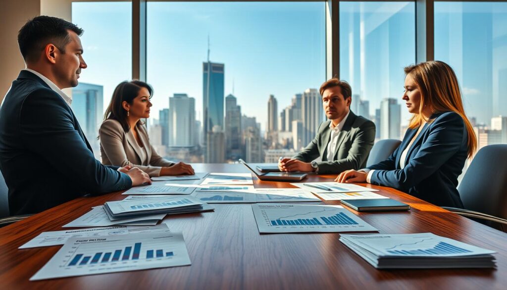 A sophisticated scene depicting a modern financial setting centered around the theme of taxes on ETFs in 2026. In the foreground, a polished wooden conference table holds various financial documents and graphs related to capitalizing and distributing ETFs. In the middle ground, a diverse group of four professionals, dressed in professional business attire, are engaged in discussion, with expressions of focus and contemplation. The background features a large window overlooking a vibrant city skyline, filled with skyscrapers under a clear blue sky, symbolizing economic growth. Soft natural lighting pours in, creating a warm and inviting atmosphere. The overall mood is one of strategic planning and financial insight, highlighting the complexities of ETF taxation.