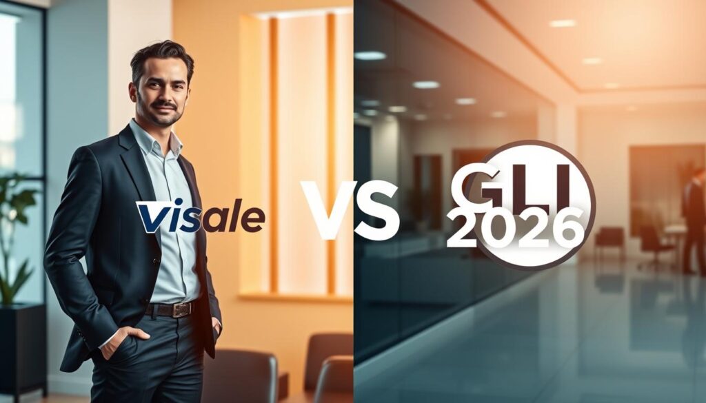 A split-screen image showcasing "Visale" and "GLI 2026" in a confrontational yet professional manner. On the left, a confident business professional in a smart suit stands next to a large, branded Visale logo, with a warm, inviting office space in the background, bathed in soft natural light. On the right, another professional in business attire is adjacent to a distinct GLI 2026 logo, set against a sleek modern office backdrop with cool tones and artificial lighting. The scene is symmetrically balanced, emphasizing the comparison, with a dynamic angle to bring focus to both logos. The atmosphere should evoke a sense of professionalism, choice, and assuredness in rental guarantees, with a muted color palette that enhances clarity and sophistication.