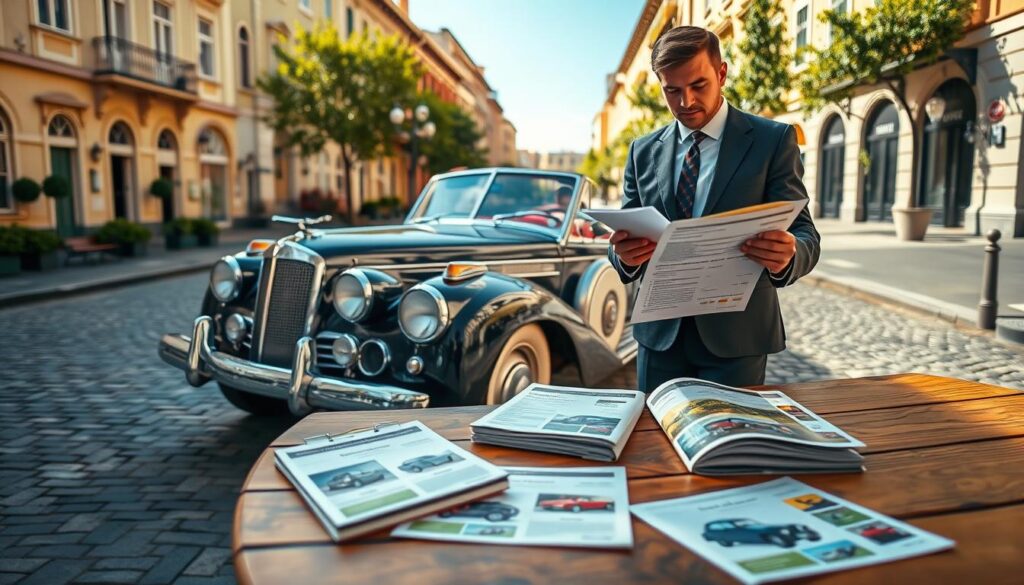 A stylish antique car, a classic convertible with gleaming chrome accents, parked on a cobblestone street. In the foreground, a professional insurance agent in business attire studies a clipboard, calculating insurance options, with an expression of focus and determination. The middle ground features a selection of vintage car insurance brochures spread out on a wooden table, showcasing various policies with illustrations of different classic cars. In the background, a picturesque urban street lined with historic buildings and vibrant greenery under a bright blue sky. The scene is illuminated with soft, warm daylight, creating an inviting atmosphere that emphasizes trust and professionalism. The composition utilizes a slightly elevated perspective, capturing both the subject and the surrounding environment effectively.