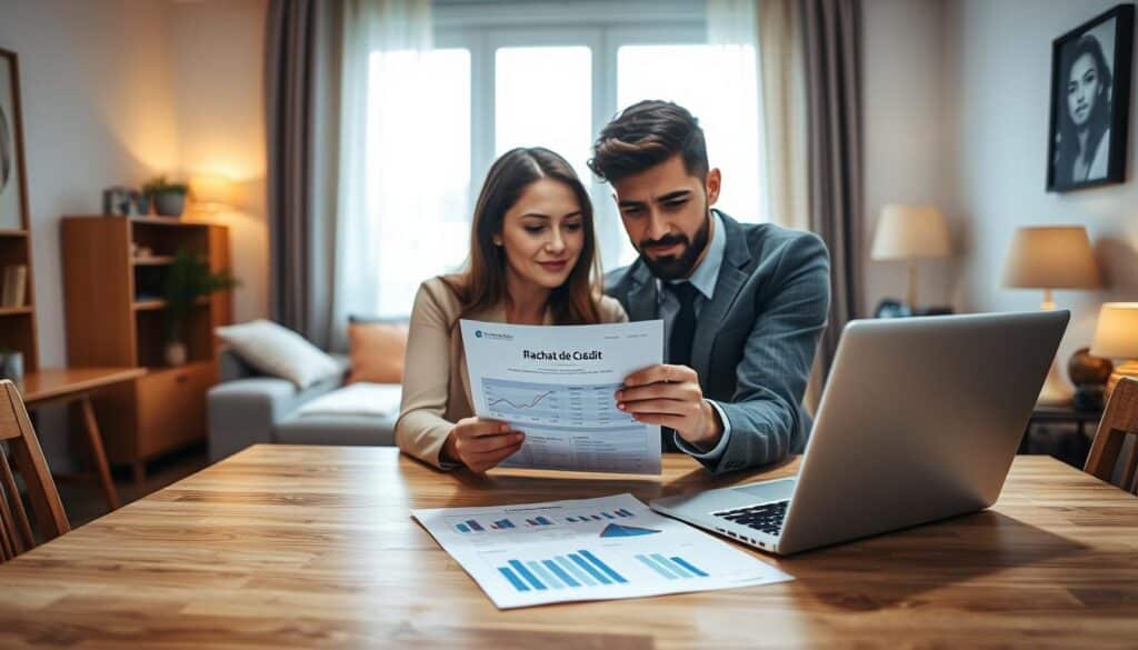 A thoughtful and professional scene depicting a young couple, dressed in smart casual attire, discussing financial documents at a dining table in a cozy, well-lit apartment. The foreground features a laptop displaying graphs and charts related to credit restructuring. In the middle, the couple examines a printed document labeled "Rachat de Crédit," with looks of concern and hope on their faces. The background showcases a warm and inviting living space with a modern design, soft natural light filtering through a window, creating an optimistic atmosphere. The camera angle is slightly elevated, capturing the intimate interaction between the couple and their financial decisions, set against a backdrop that reflects the essence of home and stability in 2026.