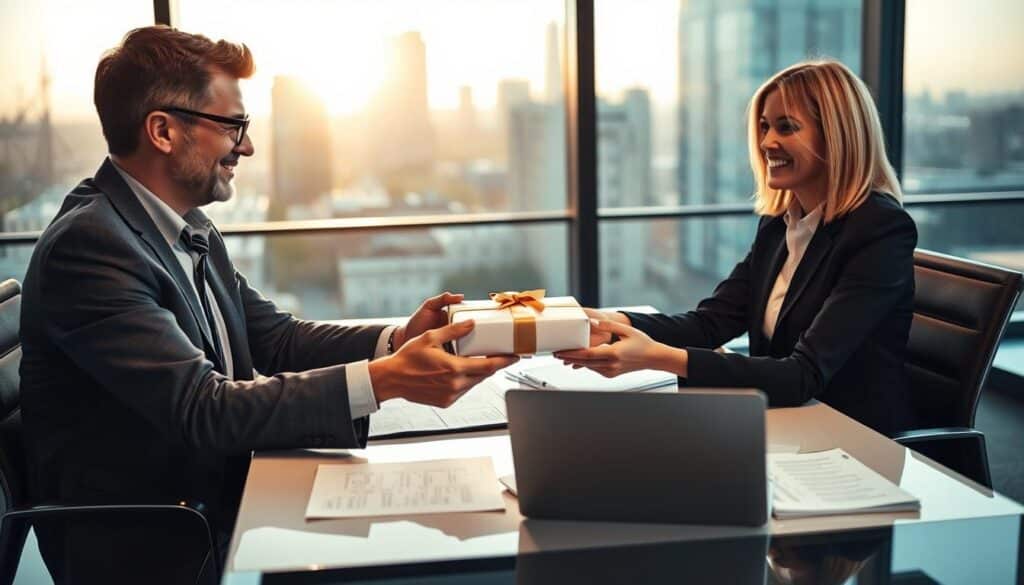 A visually captivating office scene depicting the process of "dons manuels," with a focus on a middle-aged man and woman in professional attire seated at a sleek, modern desk. The man, with short dark hair and glasses, is handing over a neatly packaged gift or envelope to the woman, who has shoulder-length blonde hair and is smiling appreciatively. In the background, a large window reveals a cityscape with soft sunlight casting warm, inviting tones into the room. On the desk, there are financial documents and a laptop, symbolizing the fiscal advantages of manual donations. The mood is collaborative and positive, emphasizing trust and generosity. The image is shot from a slight angle to emphasize the interaction and the professional atmosphere, with soft focus on the background to draw attention to the subjects.