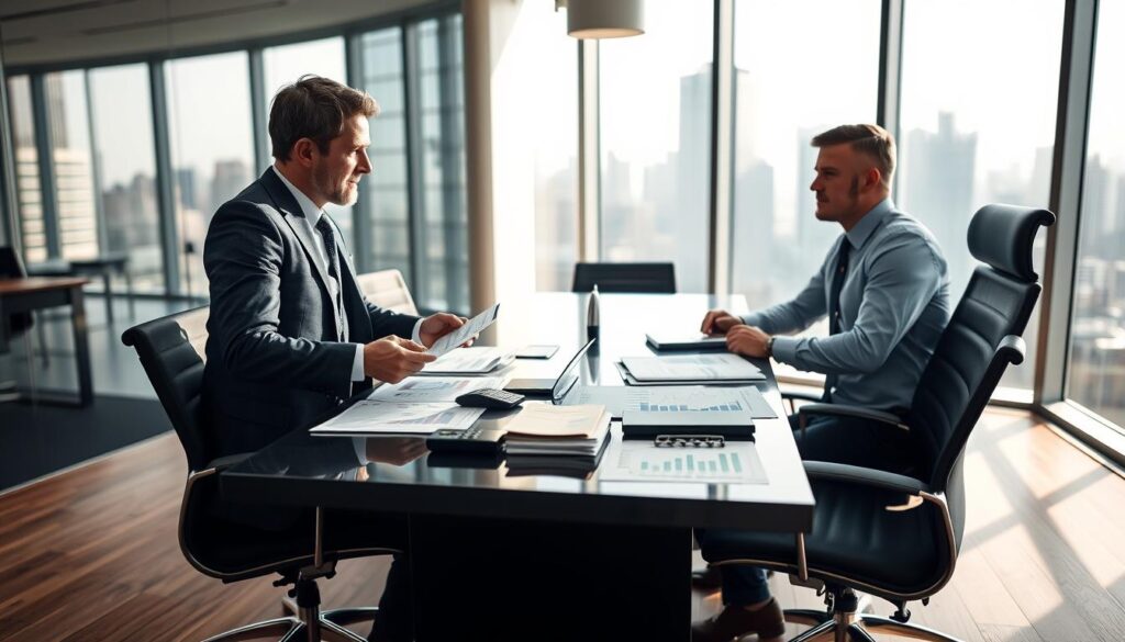 A visually engaging and informative scene depicting the concept of "fiscalité per sortie." In the foreground, a professional financial advisor, dressed in business attire, is confidently explaining financial charts and graphs to a client, who appears engaged and curious. The middle ground features a sleek conference table adorned with financial documents, calculators, and investment brochures. In the background, a modern office setting with large windows allowing soft, natural light to illuminate the space, subtly reflecting the city skyline outside. The mood is serious yet optimistic, conveying a sense of trust and clarity in financial decision-making. The angle is slightly elevated, providing a comprehensive view of the interaction while maintaining focus on the advisor's expressive gestures and the intriguing visuals of the financial charts in the foreground.