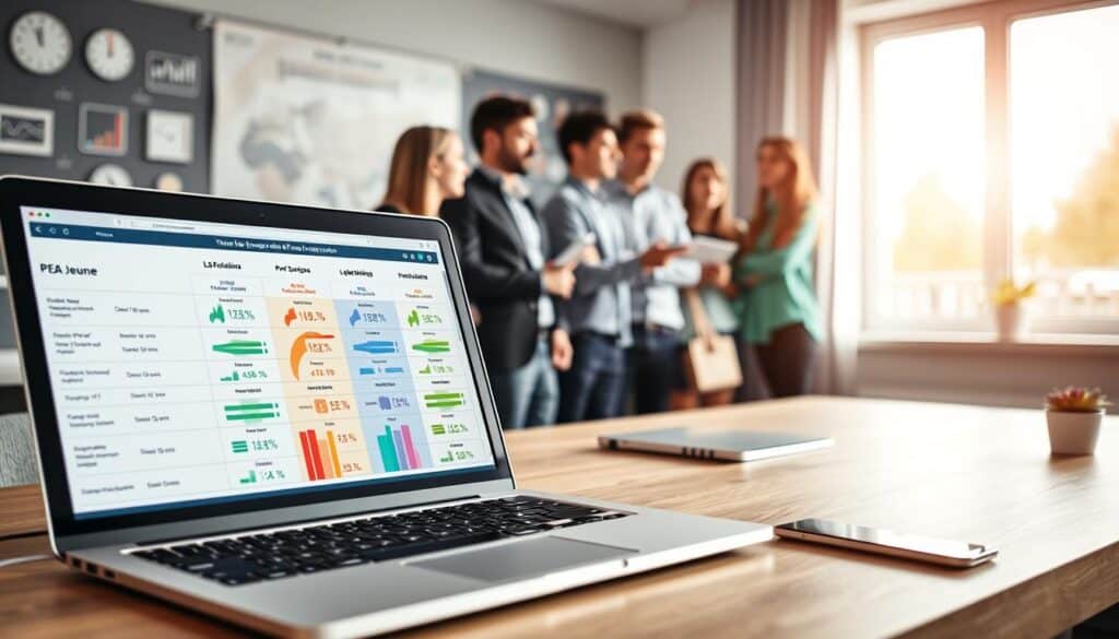 A visually engaging comparison chart showcasing various online brokers offering PEA Jeune (Plan d'Épargne en Actions Jeune) services. In the foreground, a modern desktop workspace featuring a sleek laptop open to a financial comparison table filled with colorful graphs and statistics. The middle ground shows a diverse group of young adults, dressed in smart casual and professional attire, discussing investment strategies, with one person pointing to the laptop screen. In the background, soft-focus elements like financial icons and abstract data visualizations create a tech-savvy atmosphere. Natural lighting streams through a nearby window, adding warmth and clarity. The overall mood is energetic and informative, reflecting a vibrant, optimistic approach to young investment opportunities.