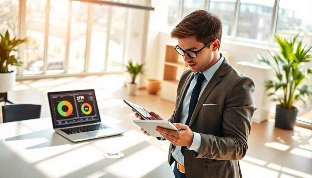 A visually engaging conceptual representation of "ETF éligibles au PEA Jeune" in a modern setting. In the foreground, a young professional in smart casual attire is reviewing financial charts and graphs on a digital tablet, showcasing various ETFs. The middle ground features a sleek desk with a laptop displaying colorful pie charts and data analysis. The background should include a bright, airy office space with large windows letting in natural light, creating a cheerful and optimistic atmosphere. Use a warm color palette to convey positivity and growth, with sunlight casting soft shadows. The camera angle should be slightly elevated to capture both the subject's engagement and the intriguing financial visuals, promoting a sense of clarity and insight into investments.