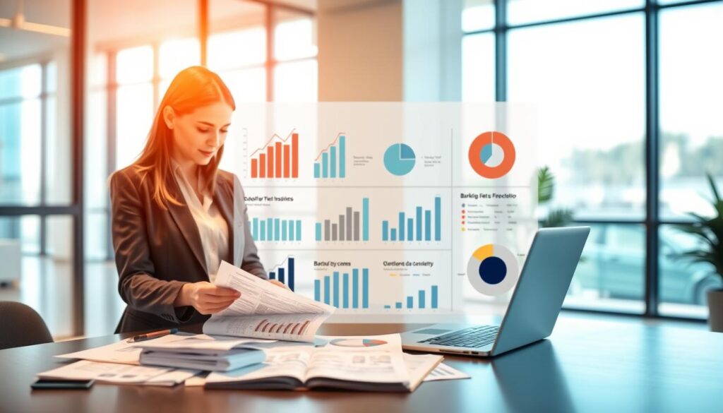 A visually engaging illustration of banking fees specific to a non-profit organization under the "Association loi 1901." In the foreground, showcase a professional woman in business attire, analyzing financial documents and a laptop with bank statements laid out. In the middle ground, display various graphs and pie charts representing different banking fees in a modern office setting. The background should feature large windows that allow natural light to illuminate the room, creating a bright and optimistic atmosphere. Use a focus effect with a soft blur on the background to emphasize the figures and documents in the foreground. The overall mood should be professional, informative, and conducive to a serious discussion about banking choices for associations.