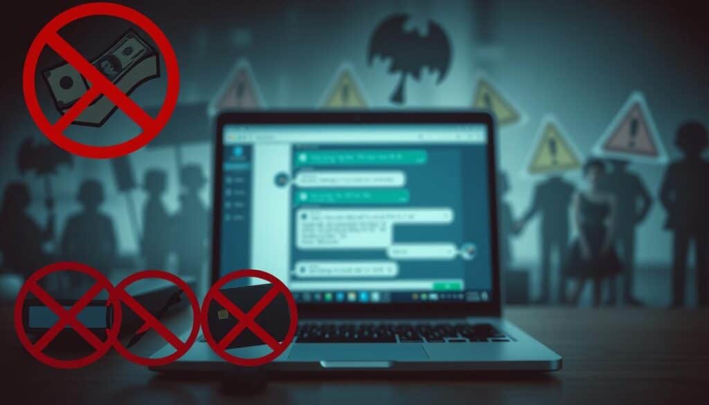 A visually striking infographic illustrating various unsafe payment methods for online classifieds. In the foreground, depict a collection of payment icons like cash, wire transfer symbols, and a broken credit card, each crossed out with a bold red line. The middle ground should present a blurred online marketplace setting, with a laptop displaying a chat window where a hesitant buyer is contemplating a risky transaction. The background can feature abstract representations of scams, such as shadowy figures or warning signs, to create an atmosphere of caution. Use soft, dim lighting to evoke a sense of unease, with the focus clearly on the unsafe payment methods. Aim for a professional yet slightly ominous mood to resonate with the article's theme.