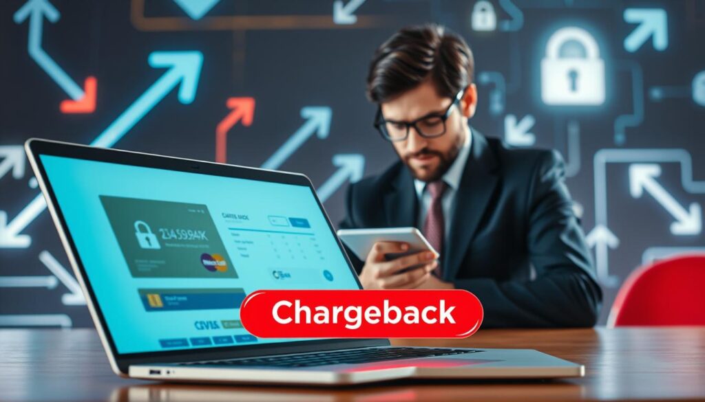 A visually striking scene depicting the concept of "chargeback" in the context of online transactions. In the foreground, an open laptop displays a digital payment interface, with a vivid depiction of a ‘chargeback’ button emphasized in bright red. In the middle ground, a confident businessperson in professional attire is reviewing transaction details, their facial expression a mix of determination and concern. The background features abstract graphics representing digital transactions, such as arrows and currency symbols, subtly illuminated to convey a high-tech feel. The lighting is bright and modern, with a cool color palette to emphasize a digital and secure atmosphere. The overall mood is serious yet hopeful, illustrating the protective measures of chargebacks against fraud.