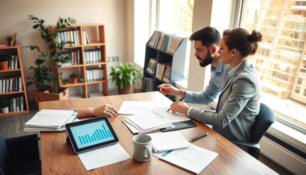 A well-lit office environment, showcasing a modern workspace designed for efficient collaboration on a joint savings account. In the foreground, a large wooden desk is cluttered with financial documents, a digital tablet displaying graphs, and a coffee mug. Two individuals, a man and a woman, are seated across from each other, both in professional attire, deeply engaged in discussion over the documents. The man is pointing at a chart on the tablet, while the woman takes notes. In the background, a large window allows natural light to flood the room, illuminating plants and a bookshelf filled with financial literature. The atmosphere is focused and productive, conveying a sense of teamwork and responsible financial management.