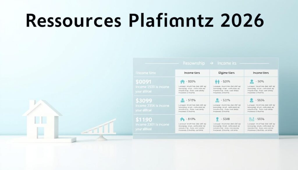 A well-organized infographic depicting the "Ressources Plafonds PTZ 2026" with a focus on clarity and professionalism. In the foreground, feature a stylized, modern housing icon to represent homeownership, accompanied by symbolic representations of income limits, such as a visual scale or bar graph. In the middle, create a detailed infographic layout showcasing various income tiers displayed in distinct sections, each labeled with recognizable icons (like families, individuals) to indicate eligibility criteria. The background should feature a soft gradient of blue and white, evoking a calm and trustworthy atmosphere, resembling a corporate setting. Use soft, diffused lighting to highlight the elements, and ensure the composition is balanced, inviting viewers to easily understand the information. Avoid any text overlays or distractions, maintaining a clean and professional visual.