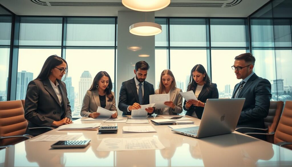 An elegant office setting illustrating "credit redemption eligibility conditions." In the foreground, a diverse group of professionals in business attire is engaged in discussion, examining documents related to credit options. They display focused expressions, emphasizing serious deliberation. The middle ground showcases a modern conference table with financial documents, calculators, and a laptop open to a financial evaluation report. In the background, large windows let in natural light, revealing a cityscape that suggests an urban environment. The lighting creates a bright, professional atmosphere, with a warm, inviting glow. Use a wide-angle perspective to capture the teamwork dynamic, and ensure the overall mood conveys a sense of determination and ambition towards financial planning.